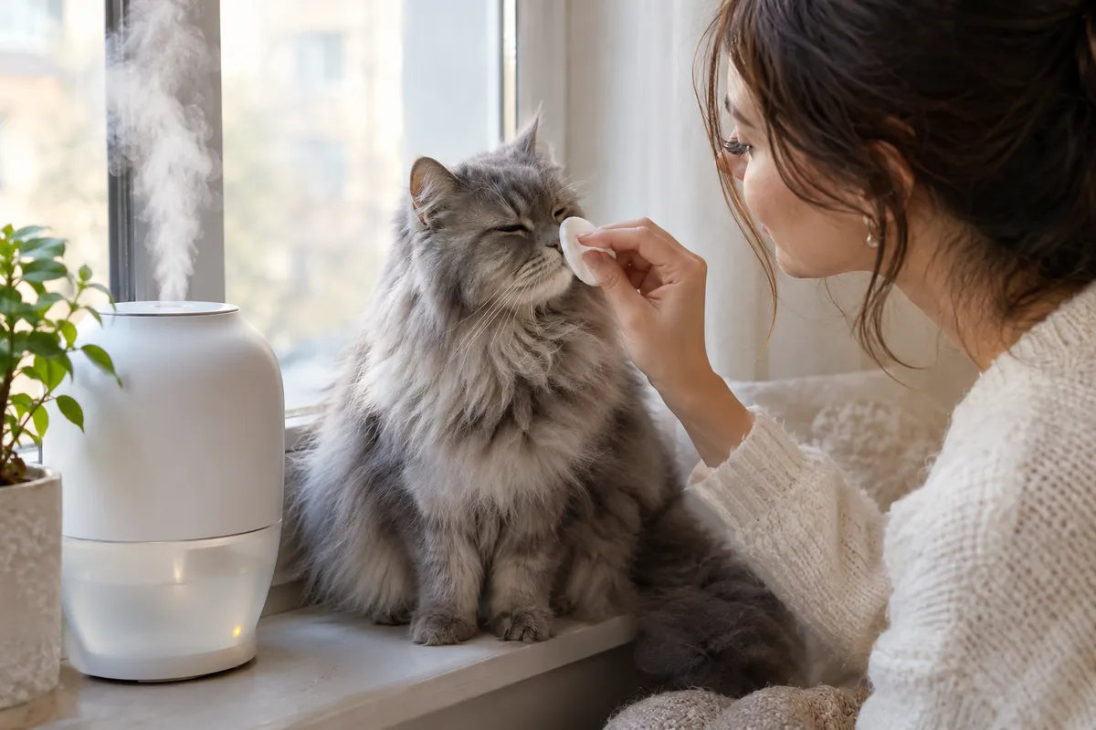 Хозяйка очищает нос чихающей кошке