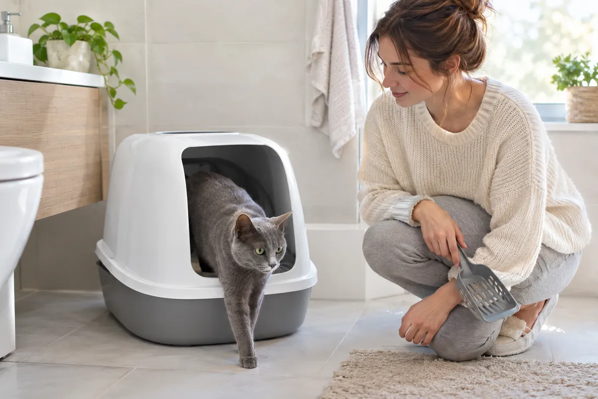 Кошка выходит из лотка, хозяйка следит за её стулом
