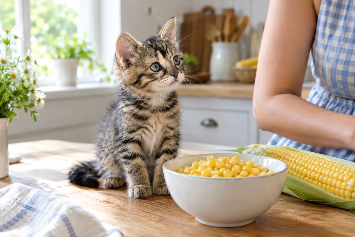Котёнок на кухонном столе рядом с миской кукурузы и початком