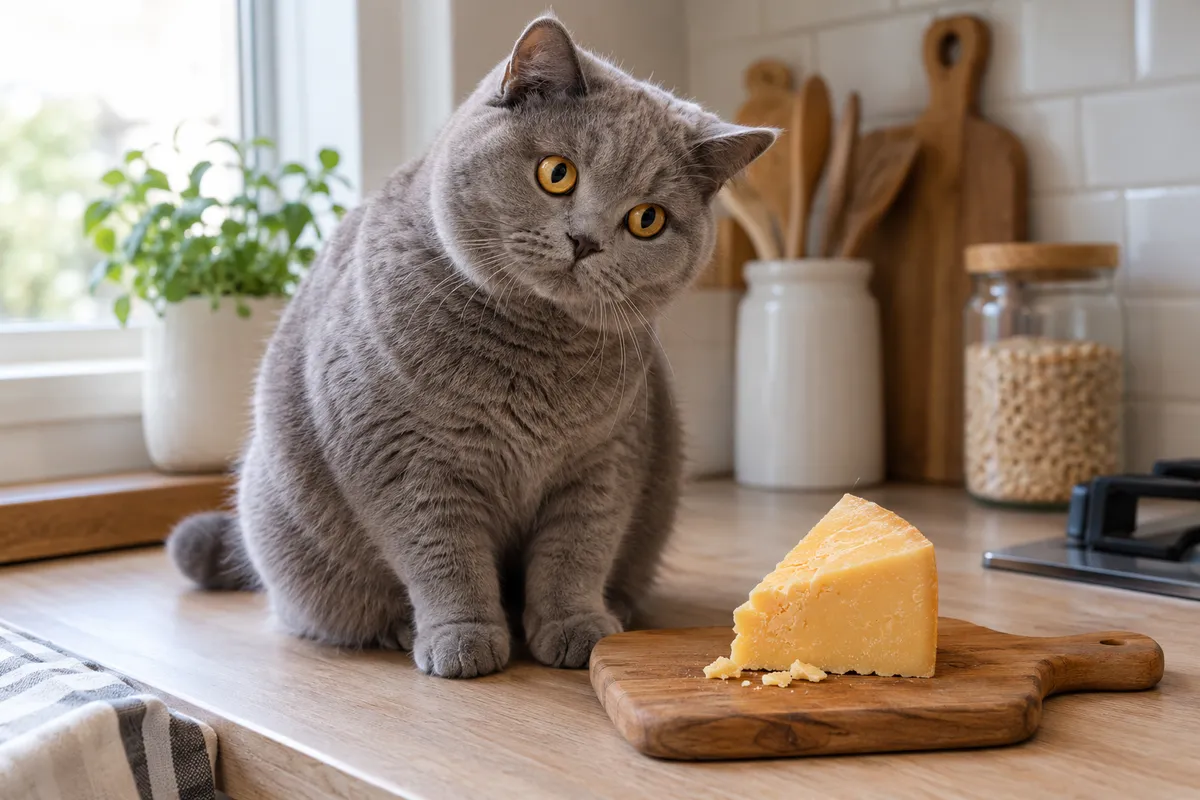Британская кошка на кухне рядом с кусочком твёрдого сыра