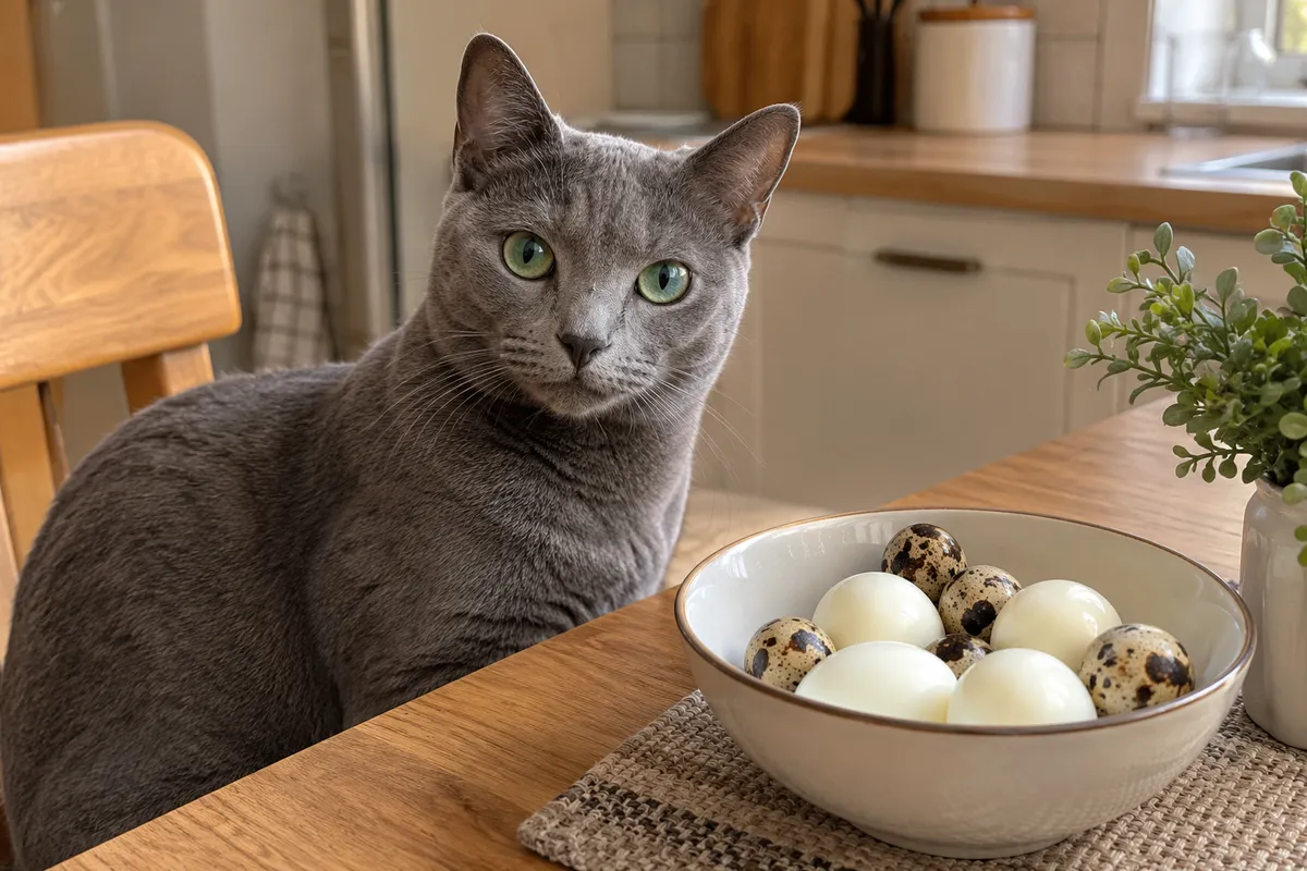Русская голубая кошка на кухне рядом с варёными куриными и перепелиными яйцами