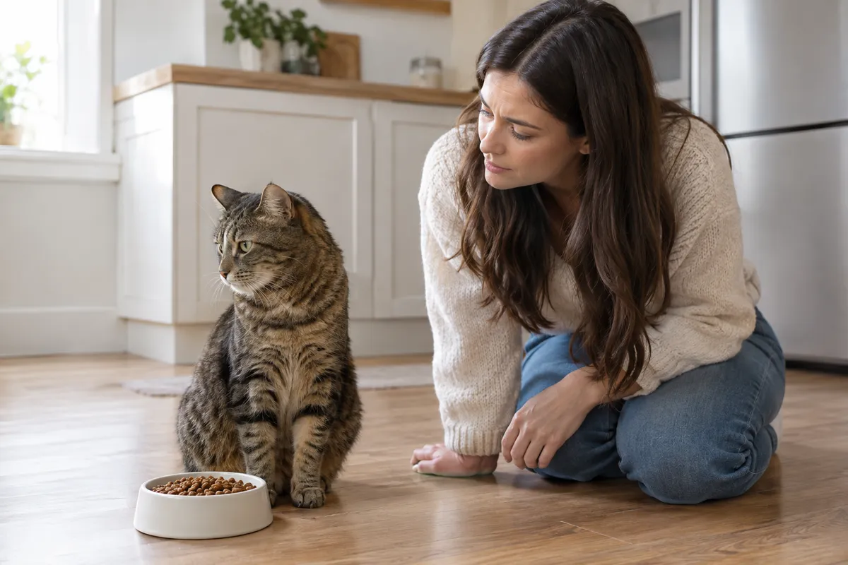 Кошка отказывается от корма, хозяйка рядом