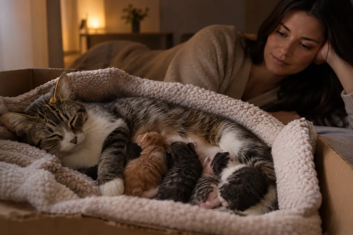 Кошка с новорождёнными котятами после родов
