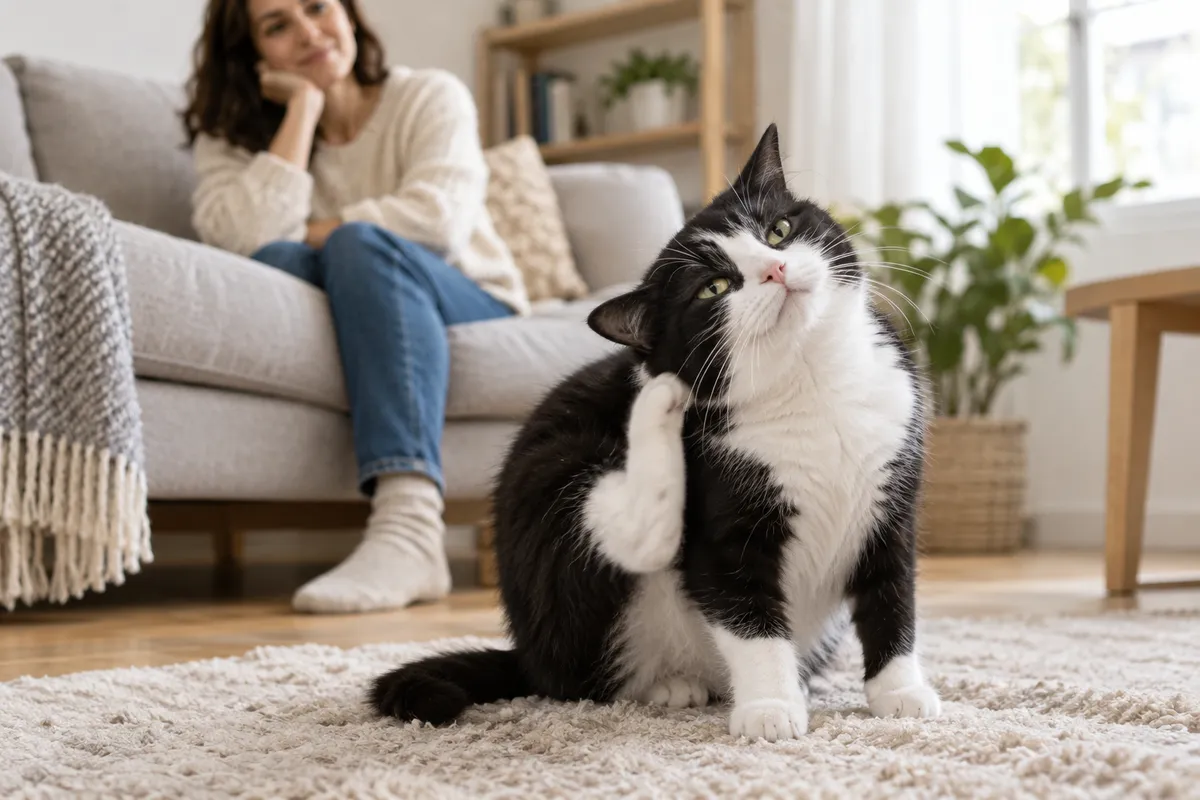 Кошка чешется дома, хозяйка наблюдает