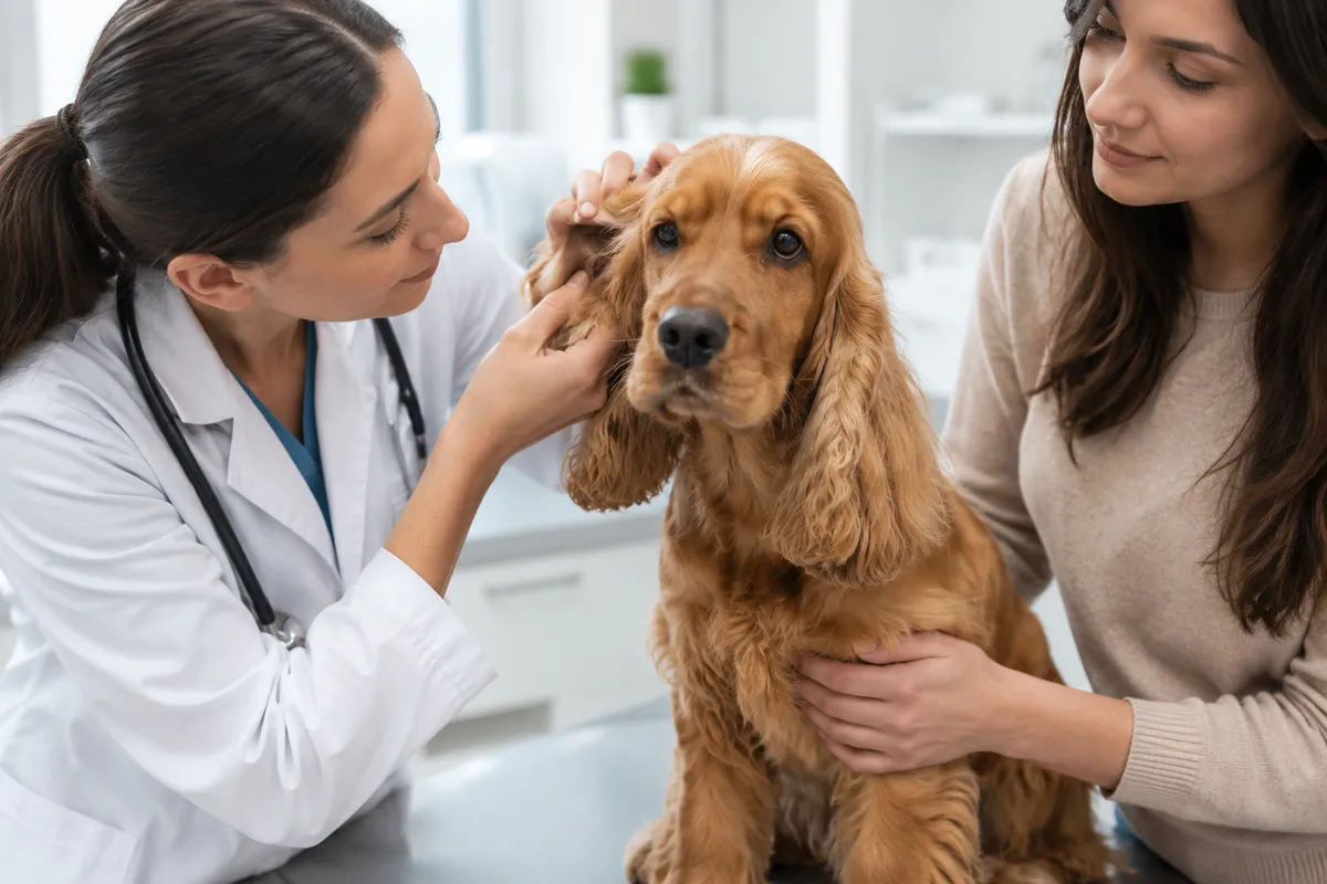 Ветеринар осматривает ухо собаки